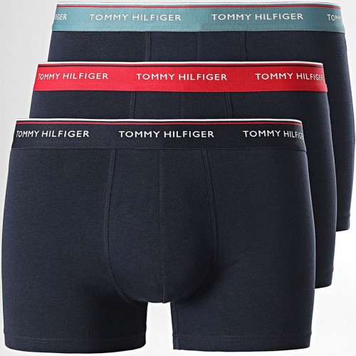 Boxers pour Hommes Tommy Hilfiger Premium Essentials WB Trunk Bleu Foncé avec Ceinture Noire, Menthe et Rouge 3-Pack