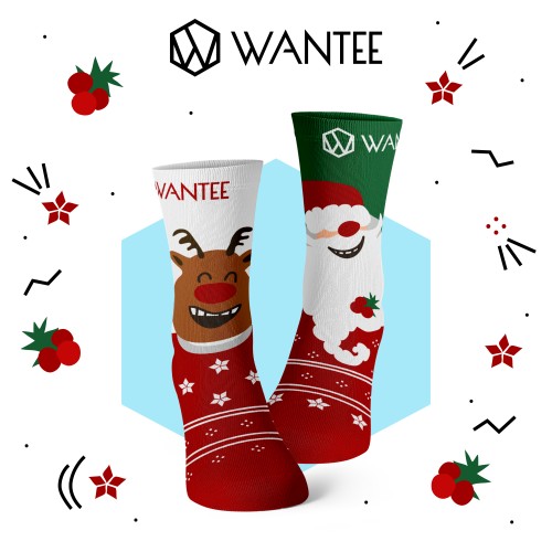 Chaussettes pour enfants Joyeux Père Noël et Renne Heureux Wantee Chaussettes pour enfants Joyeux Père Noël et Renne Heureux Wantee